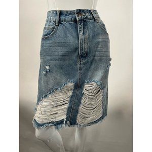 Forever 21 Womens Jean Skirt Blue Knee Length Distressed Ripped Denim 28